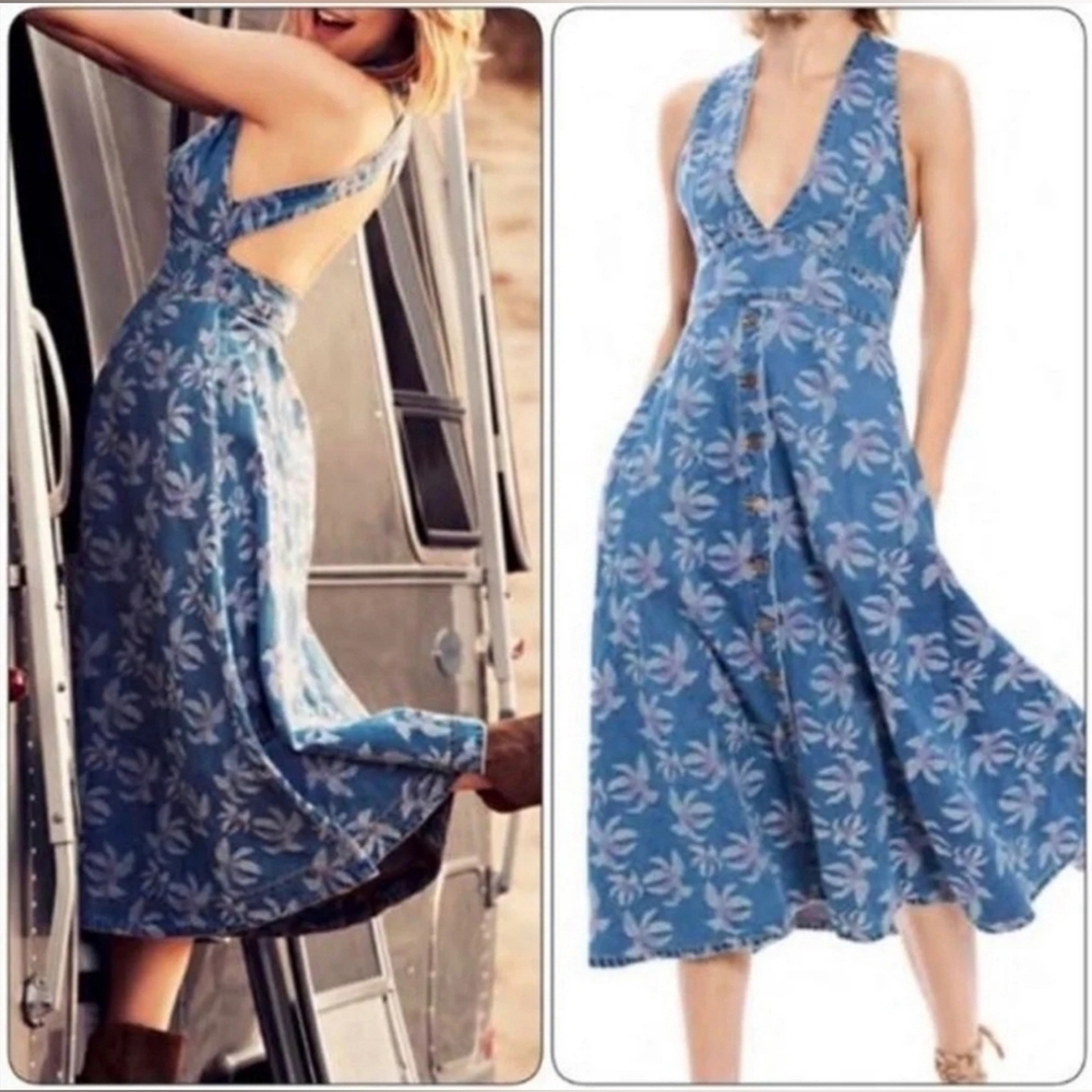 Happy x Nature by Kate Hudson Floral Washed Denim Sleeveless Dress, Size 4